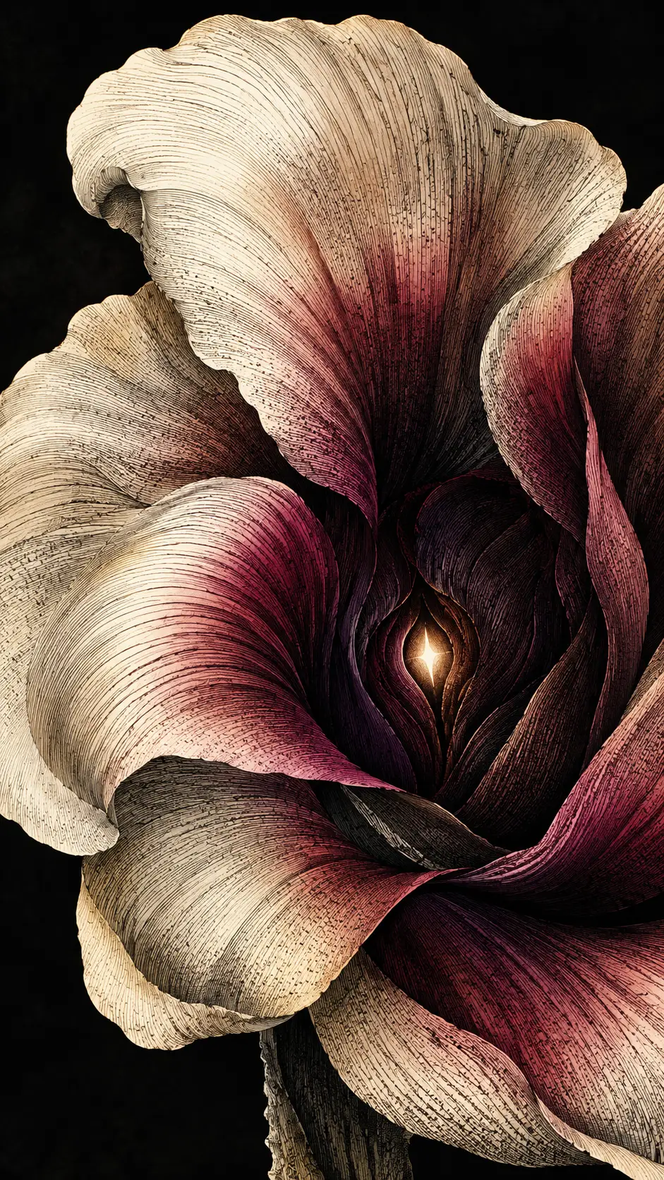 An unidentified flower spirals inward beneath intricate engraved lines