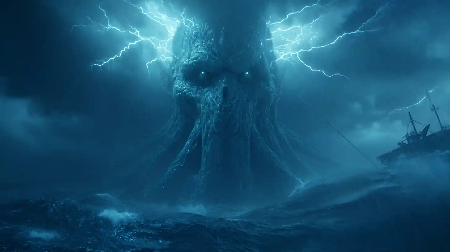 A colossal blue entity stands waist deep in a raging ocean superstorm