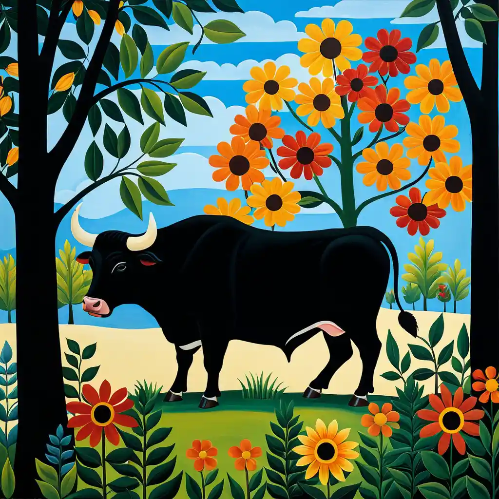 A Resting Bull Partially Hidden Among Large Flowers and Trees