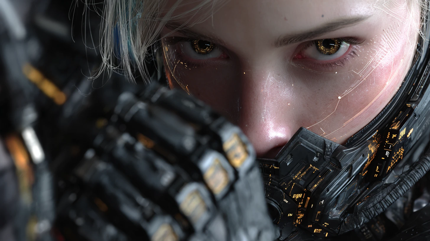 A cyberpunk hacker operates a modular cyberdeck in combat armor