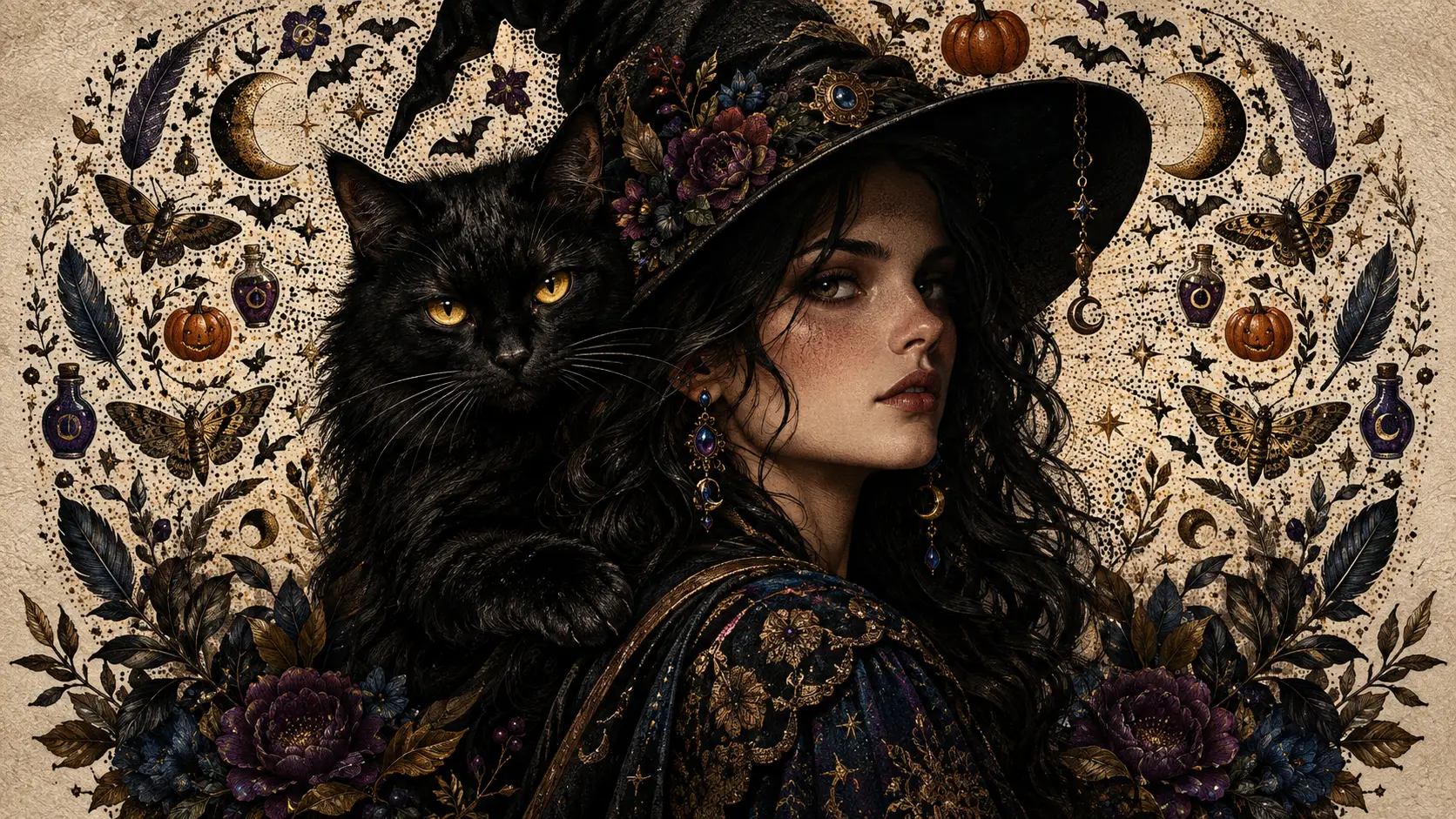 Una misteriosa bruja y un gato negro rodeados por un halo simbólico