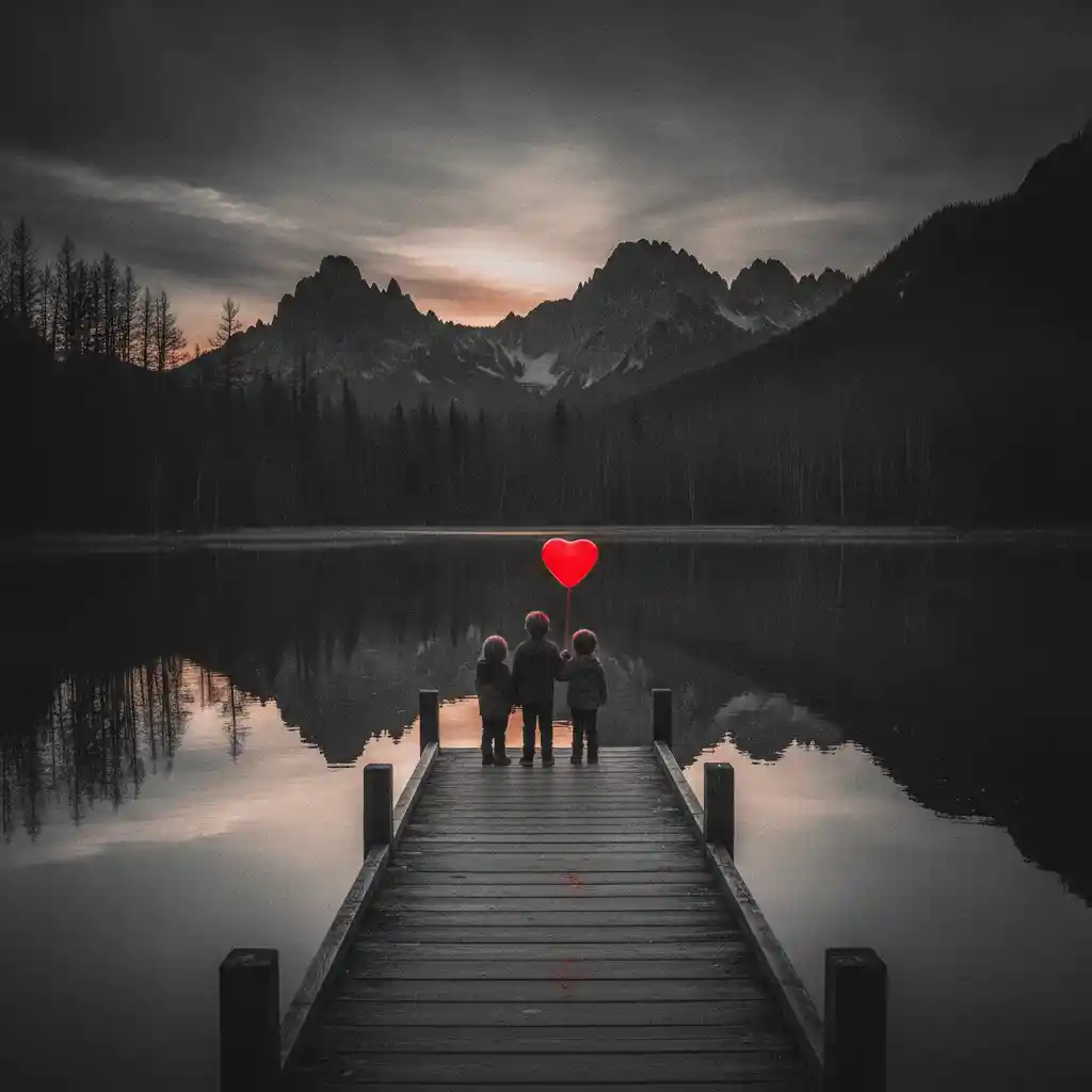 Tres figuras de espaldas en un muelle junto a un lago con un globo rojo en forma de corazón