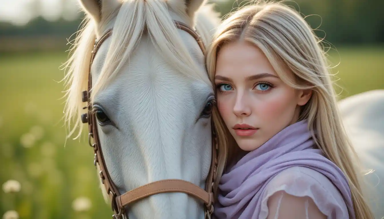 Una joven apoya la mejilla en un caballo de color crema