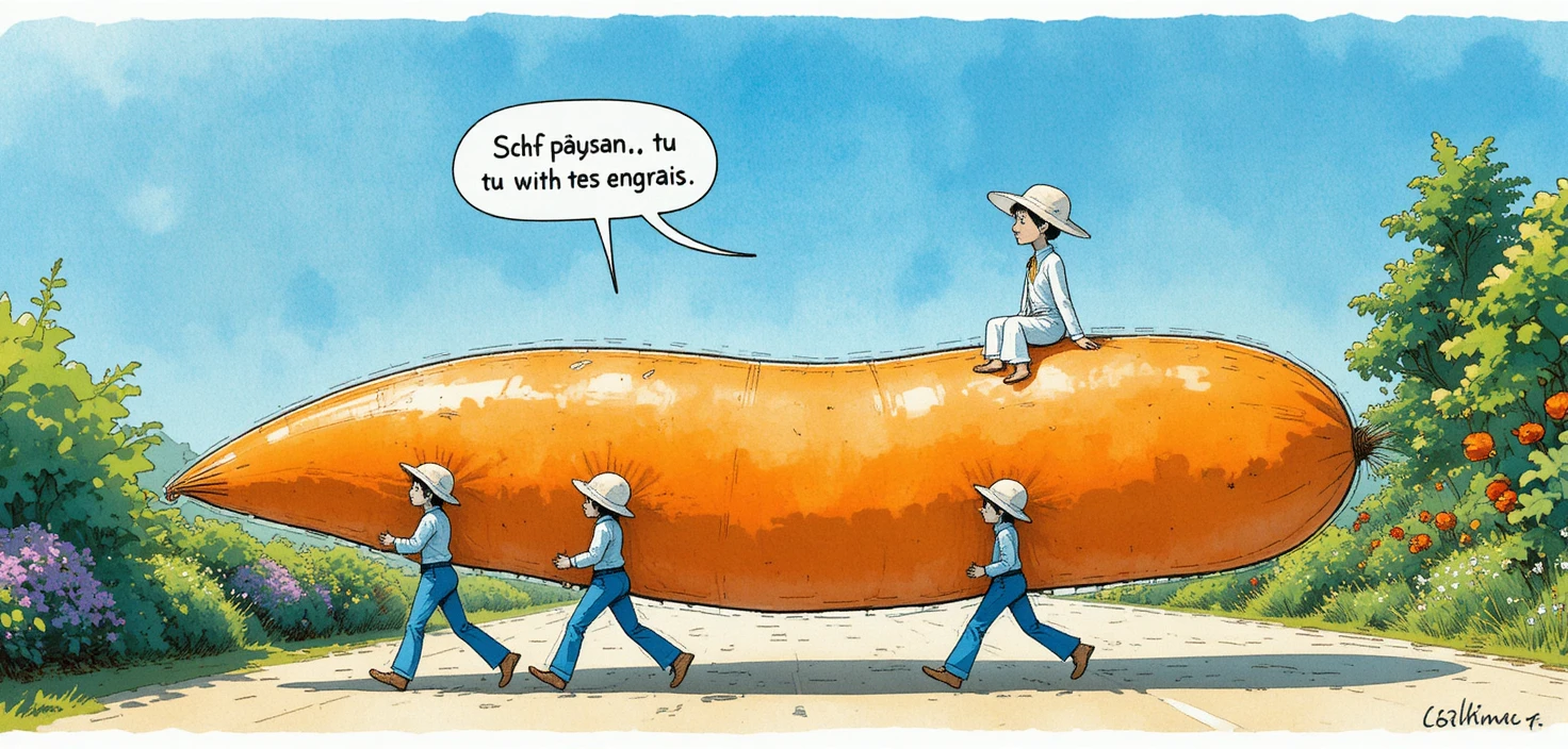 Blue comic characters carry an enormous carrot along a garden path