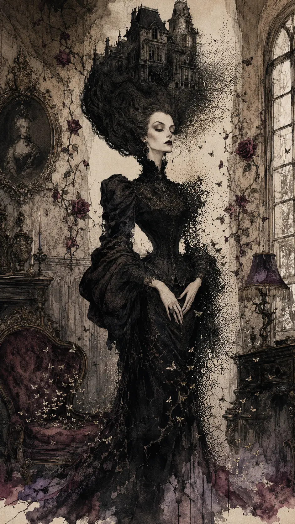 A serene gothic woman stands within a crooked Victorian mansion
