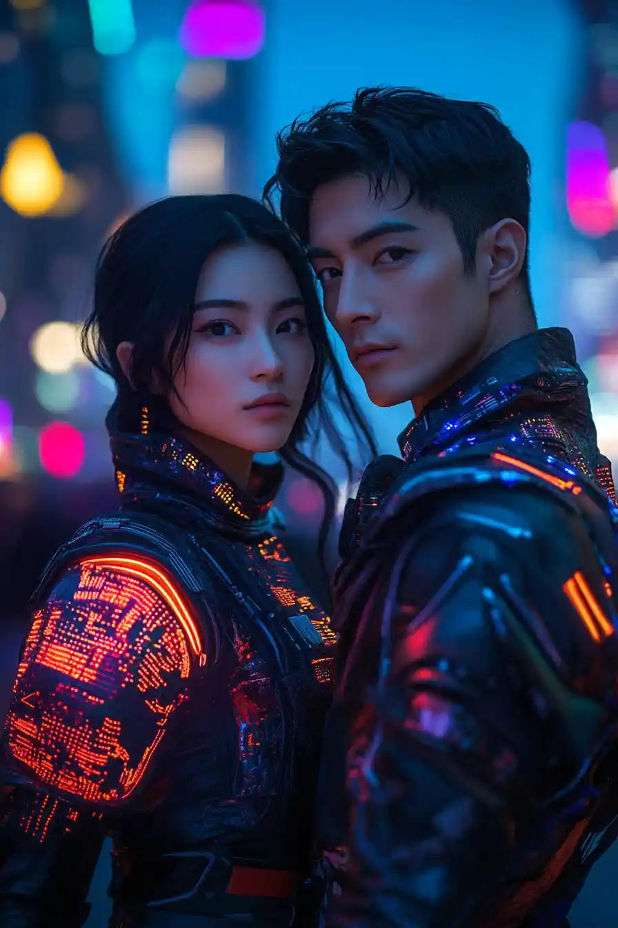A human pair stands amid a futuristic city on an alien world