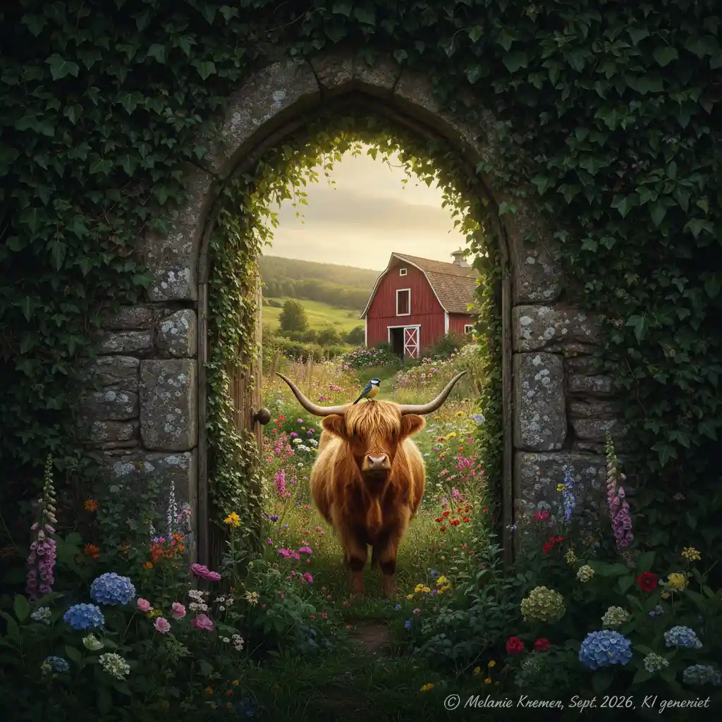 A Highland Cow in a Flowering Garden Behind an Ivy Covered Stone Door