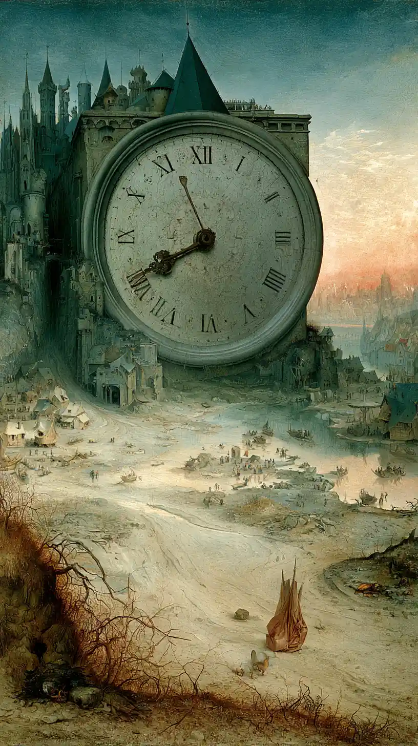 Una pintura al óleo surrealista que reflexiona sobre el tiempo y su fugacidad