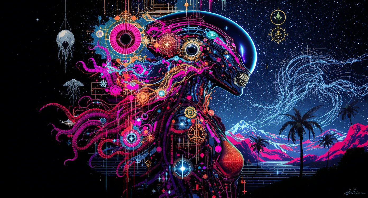 Donna dell'Asia orientale in tuta spaziale al neon tra sagome aliene