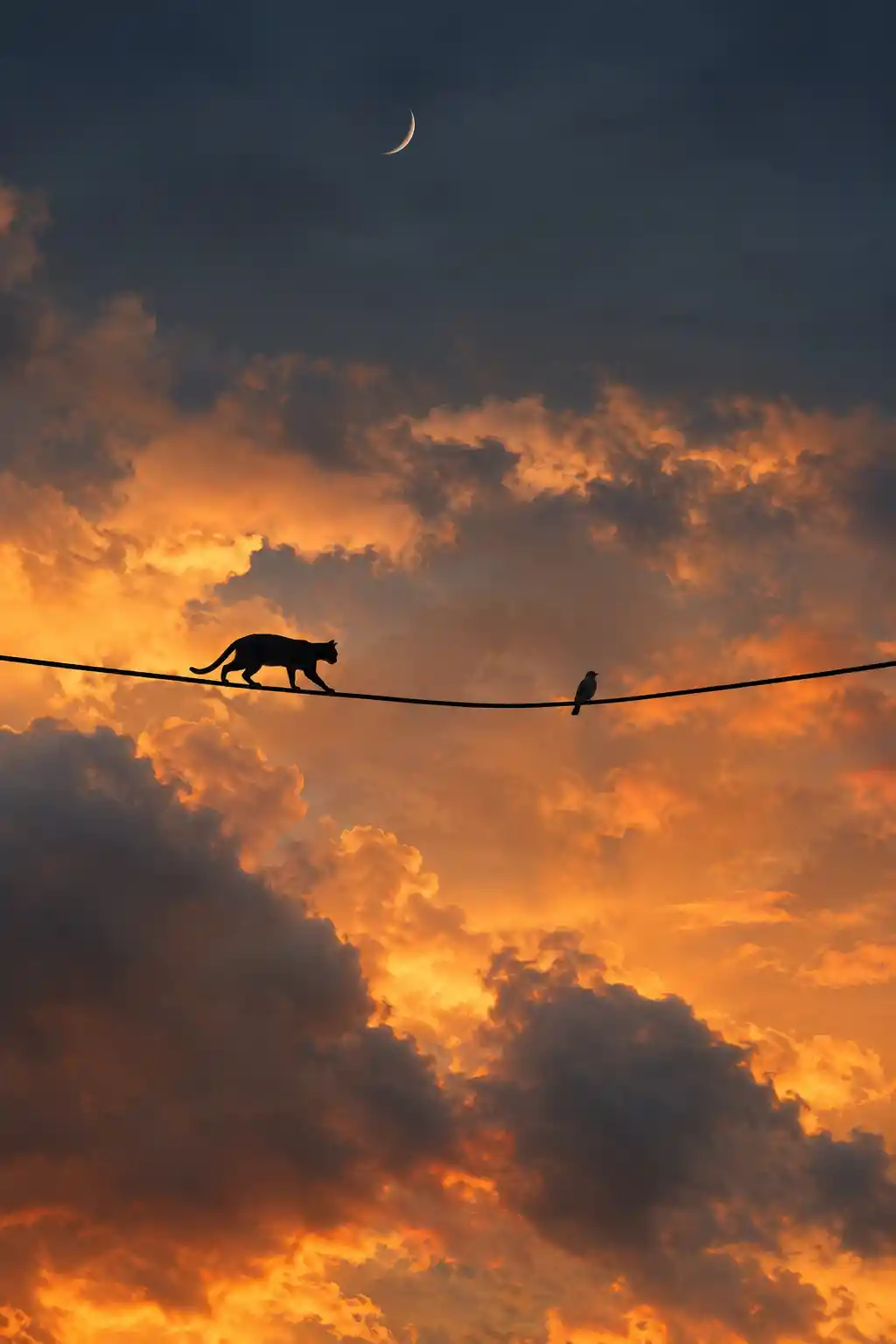 A black cat approaches a perched bird along an overhead wire