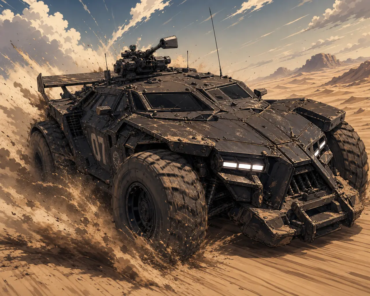 Un hiperdeportivo futurista blindado atraviesa el desierto a toda velocidad al estilo anime