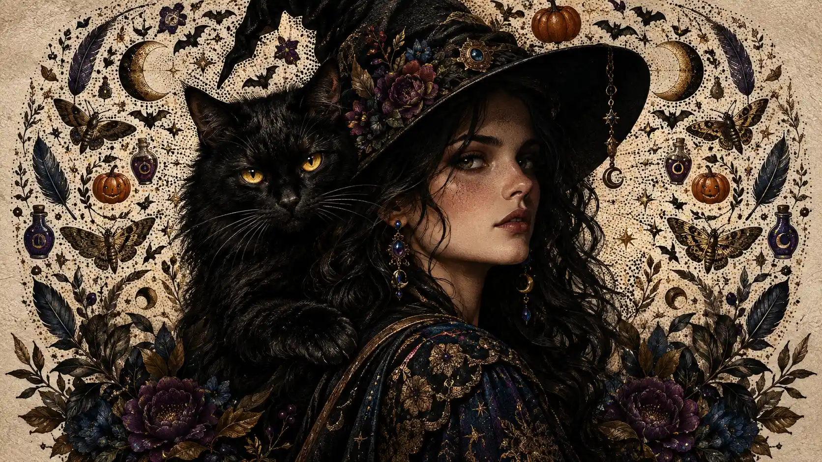 A mysterious witch and black cat surrounded by a symbolic halo