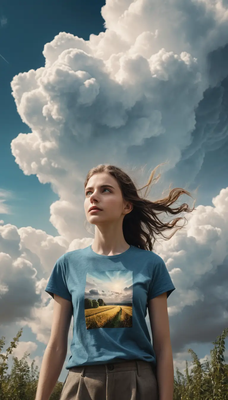 A surreal woman stands in clouds as a man climbs a wooden ladder