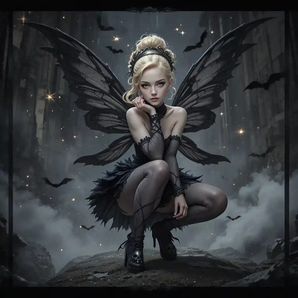 A blonde fairy crouches beneath patterned wings as tiny bats cross a smoky night