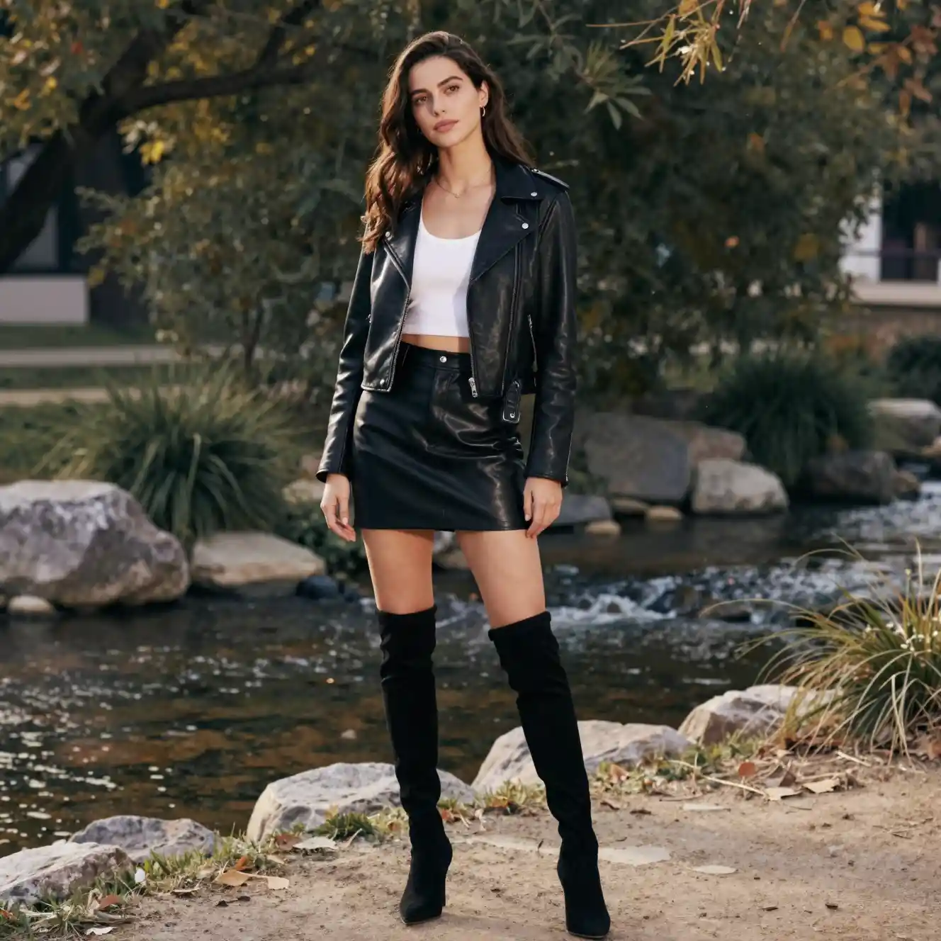 A fashionable woman poses beside a stream in a sunlit park