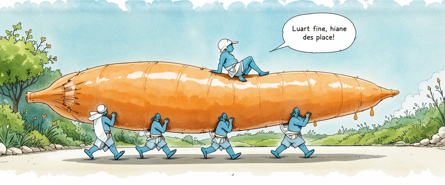 Personaggi dei fumetti blu trasportano una carota gigante lungo un sentiero verdeggiante