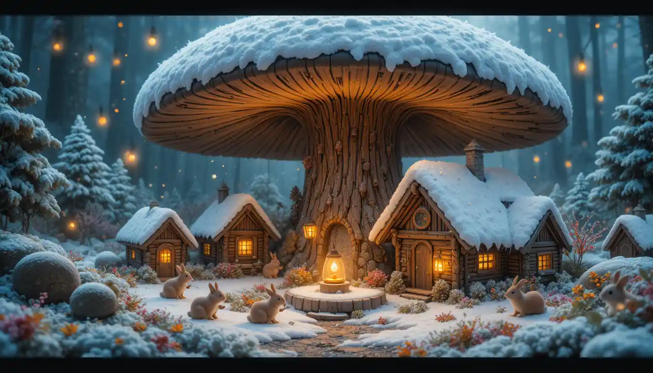 Tiny winter animals gather around lantern-lit cabins beneath a giant mushroom