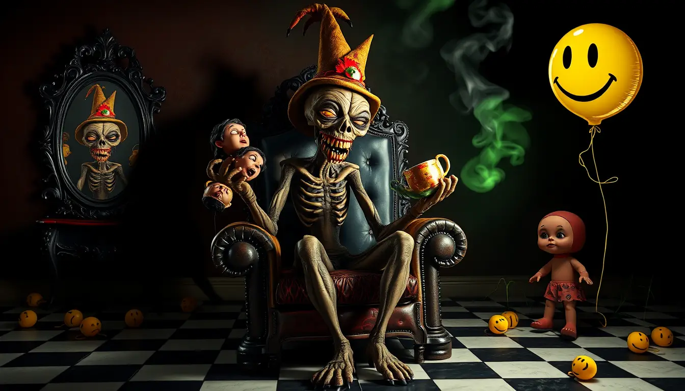 A gaunt monster sits on a throne of mismatched furniture