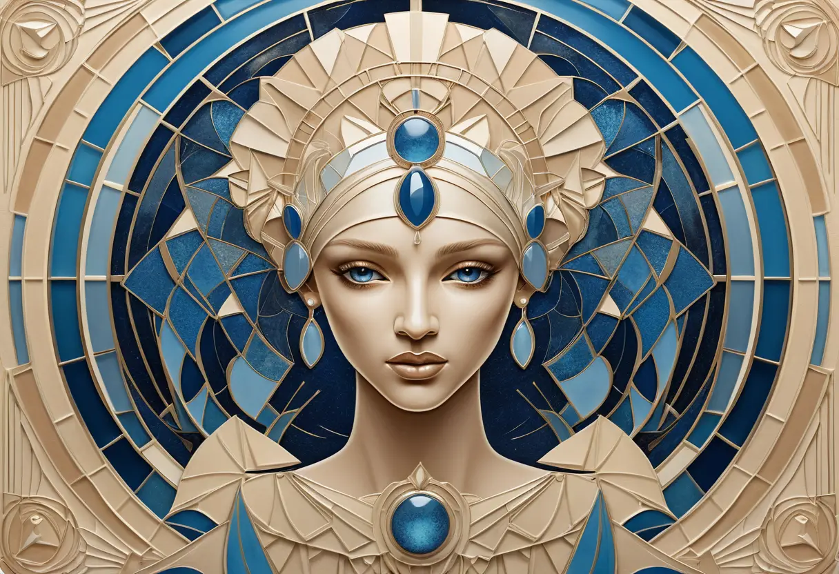 Un emblema del signo de Cáncer art déco en beige y azul