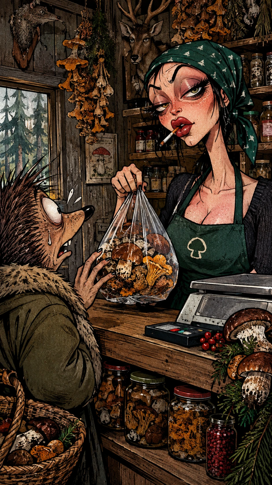 A satirical caricature of everyday service in a forest shop