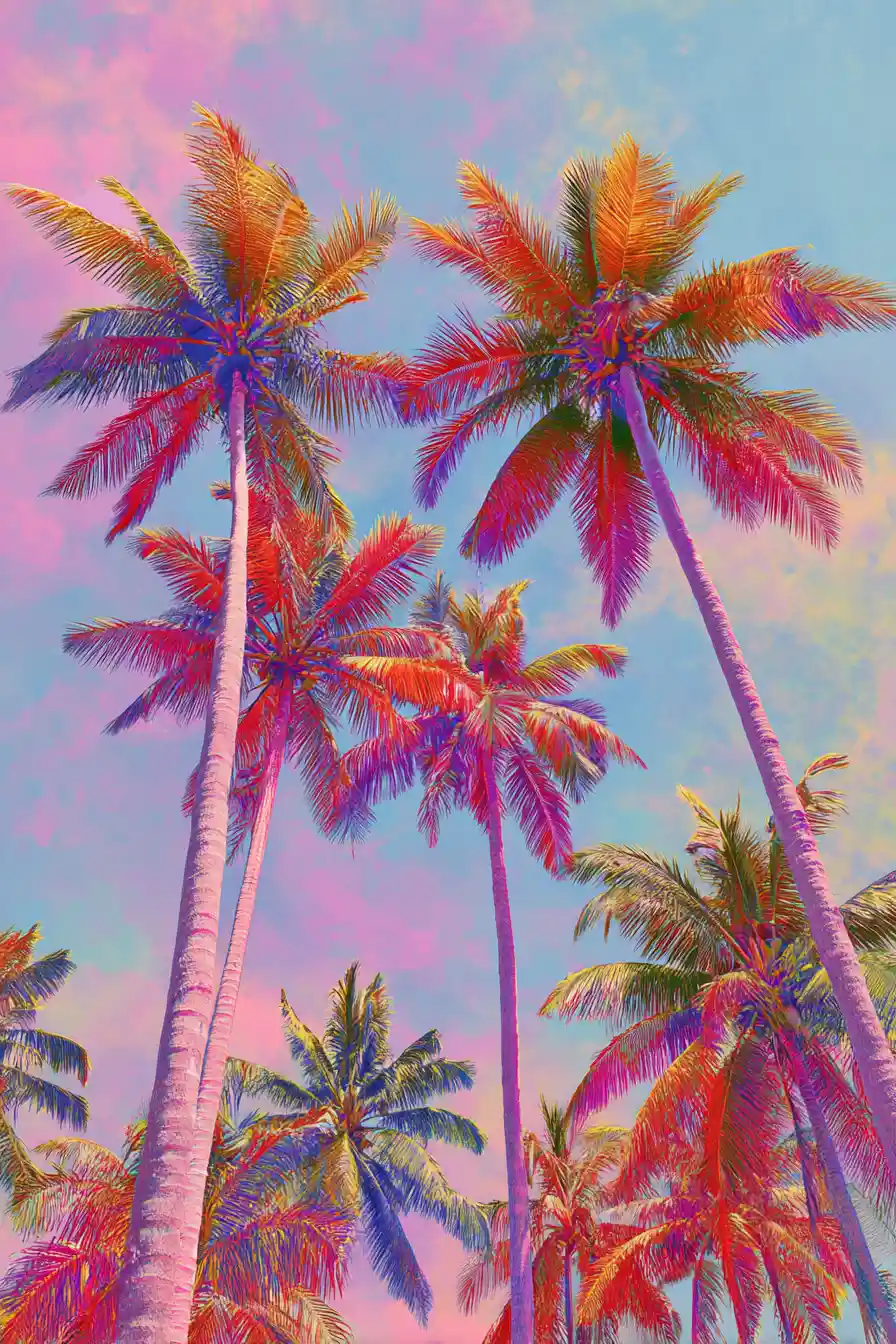 A fairytale beachside scene with bright pastel colors