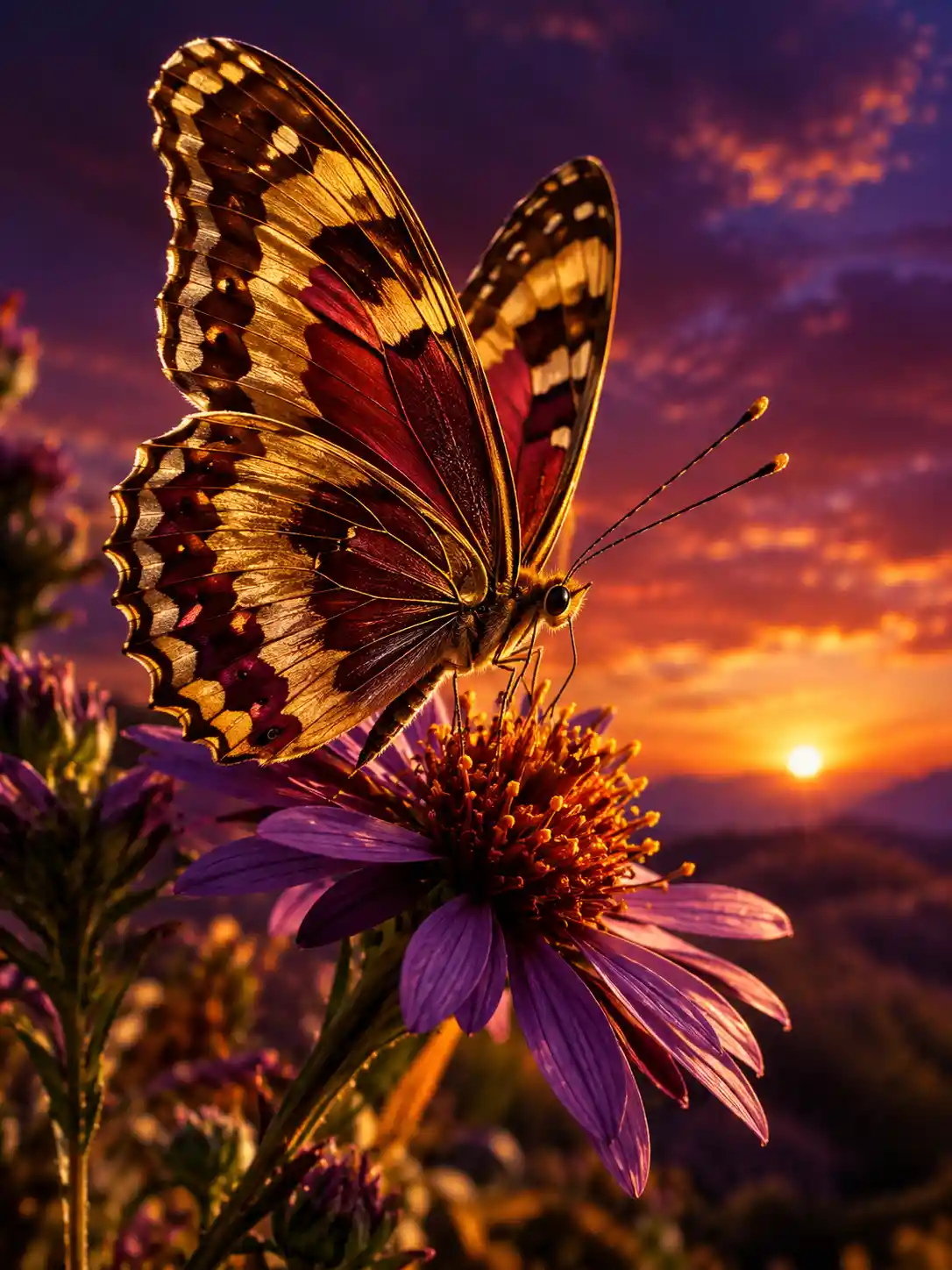 A golden butterfly perched on a wildflower beneath a glowing sky