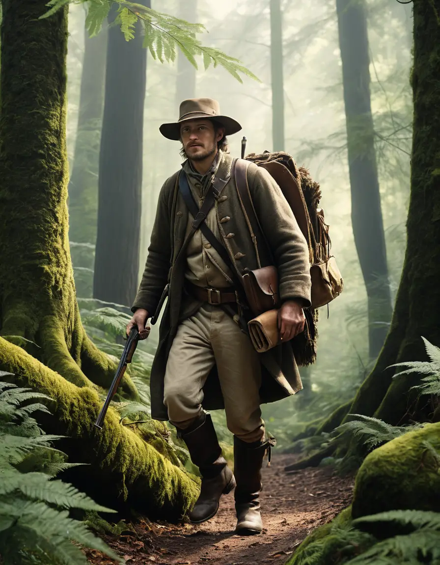 An 18th-century trapper tracks game through a misty forest
