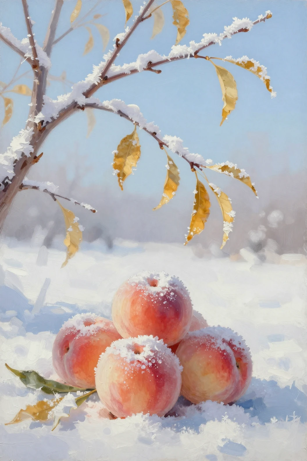 A frosted tree branch with golden leaves in a quiet winter landscape