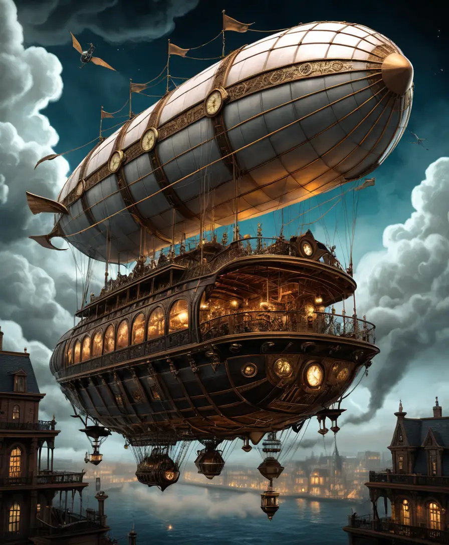 Un colosal dirigible steampunk surca oscuras nubes de tormenta por la noche