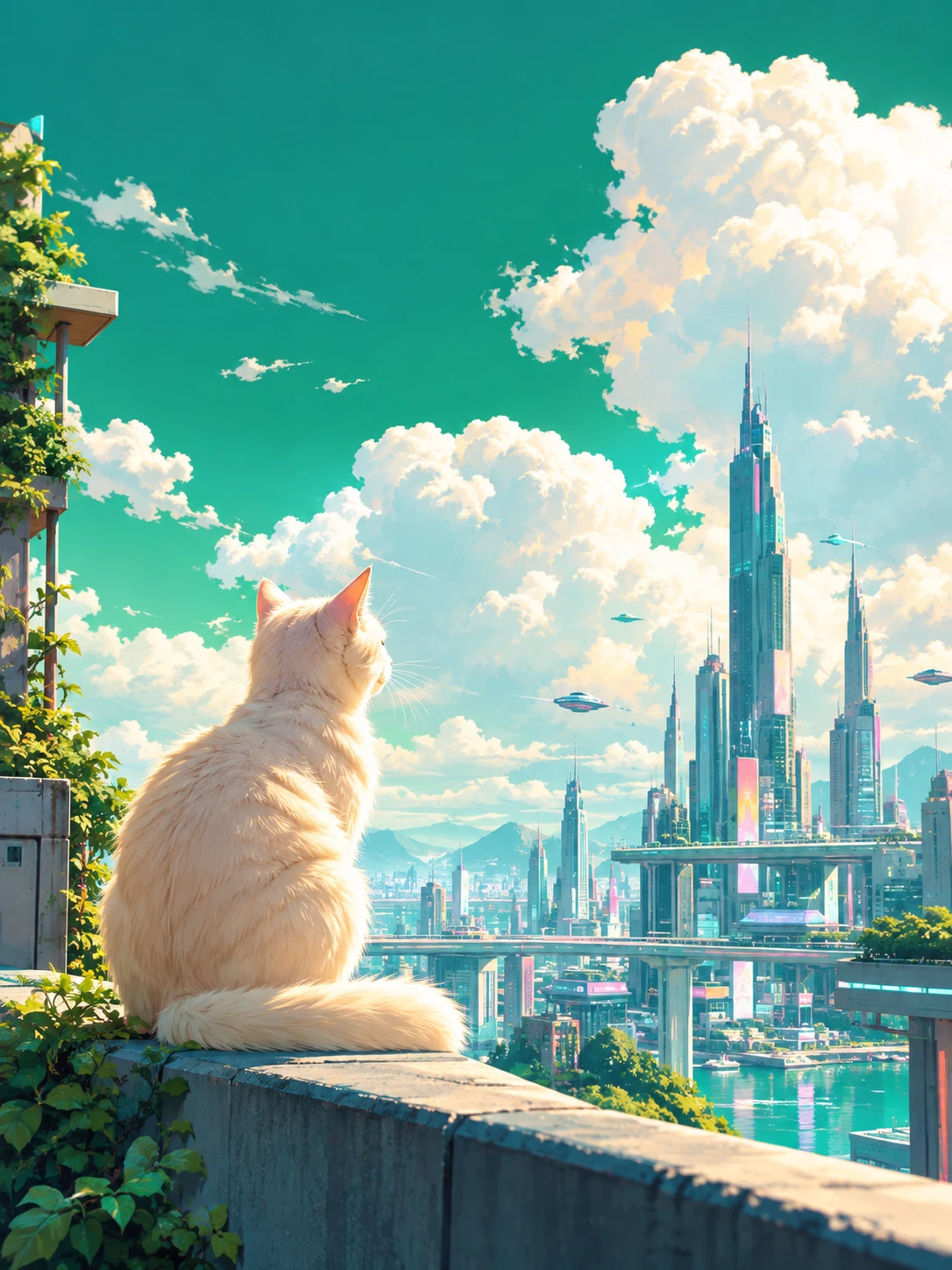 Eine cremefarbene Katze beobachtet die weichen Wolken über einer futuristischen Stadt