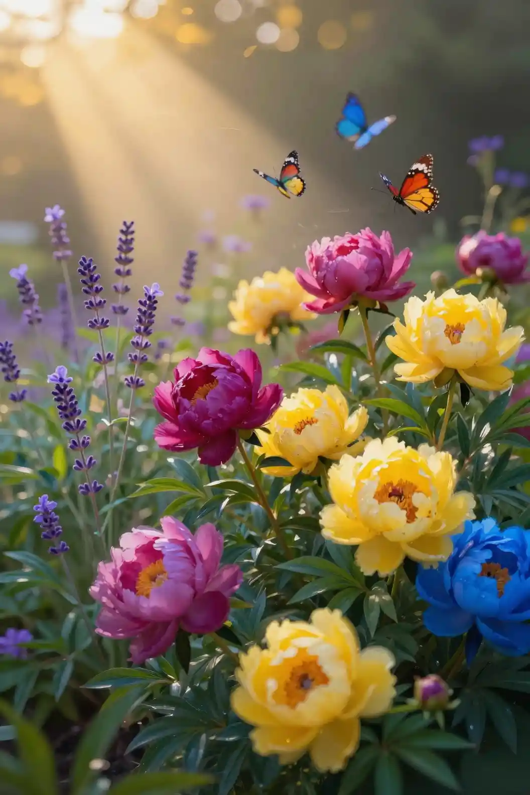 Peonies and lavender bloom beneath golden sunbeams in a lush garden