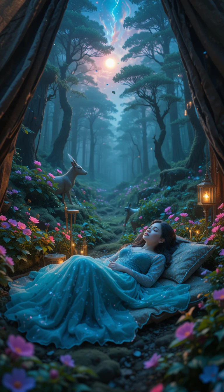 A Woman Rests Inside a Tent in a Magical Forest