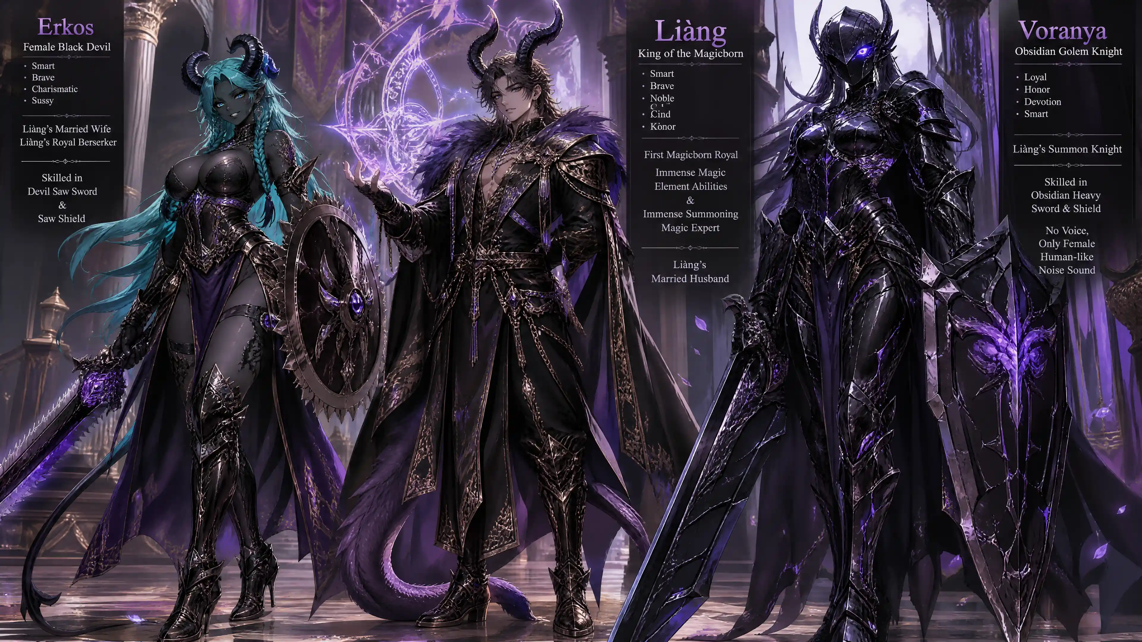 A handsome fantasy king with spiral dragon horns and hazel eyes
