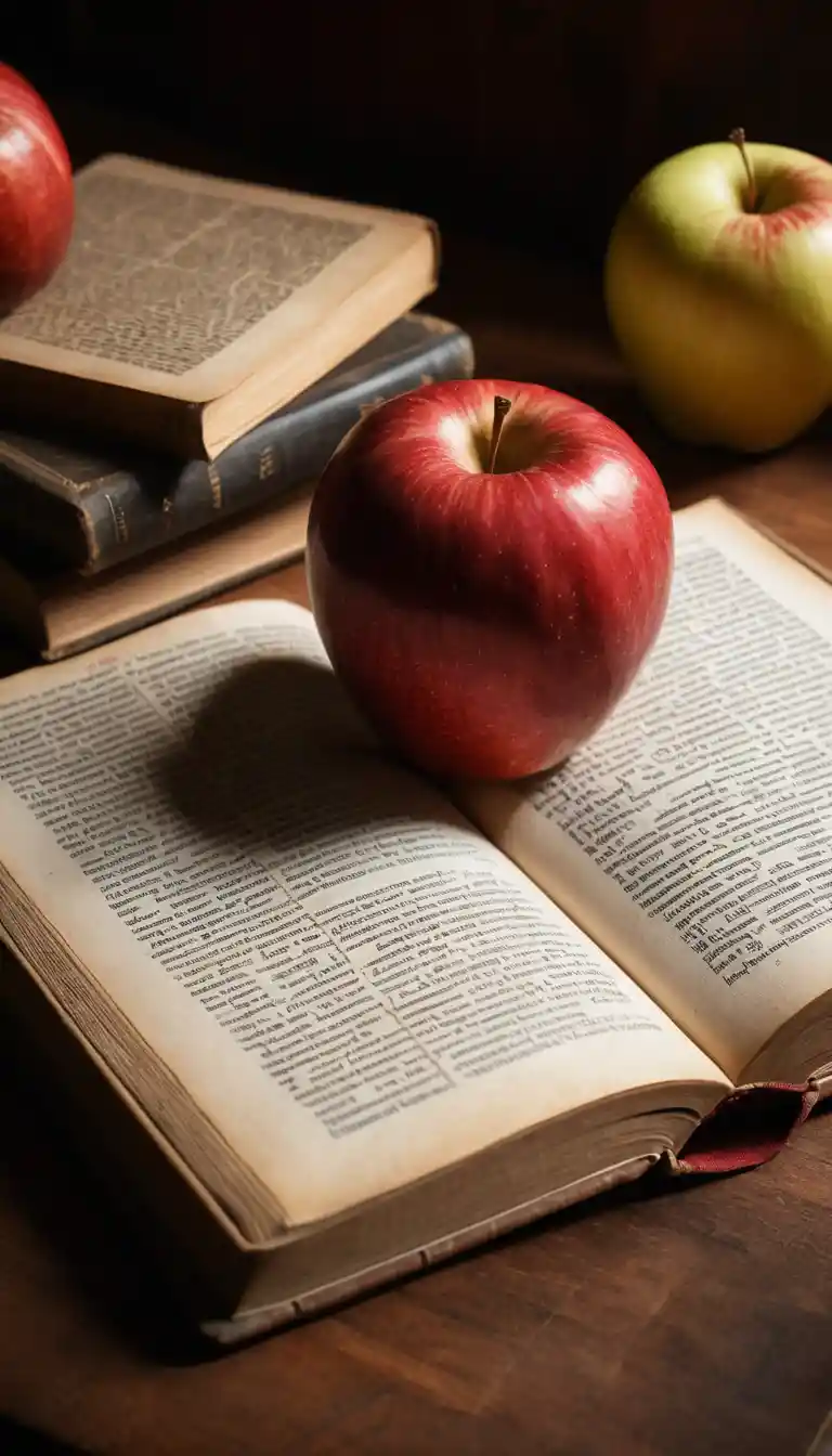 Una mela rossa sulle pagine aperte di un libro antico
