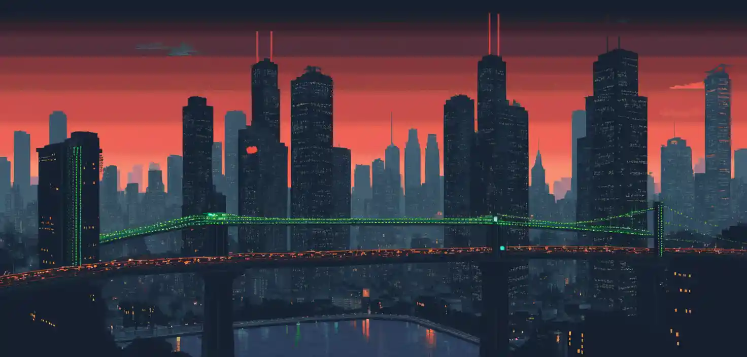 Un puente de pixel art con semáforos sobre un paisaje urbano