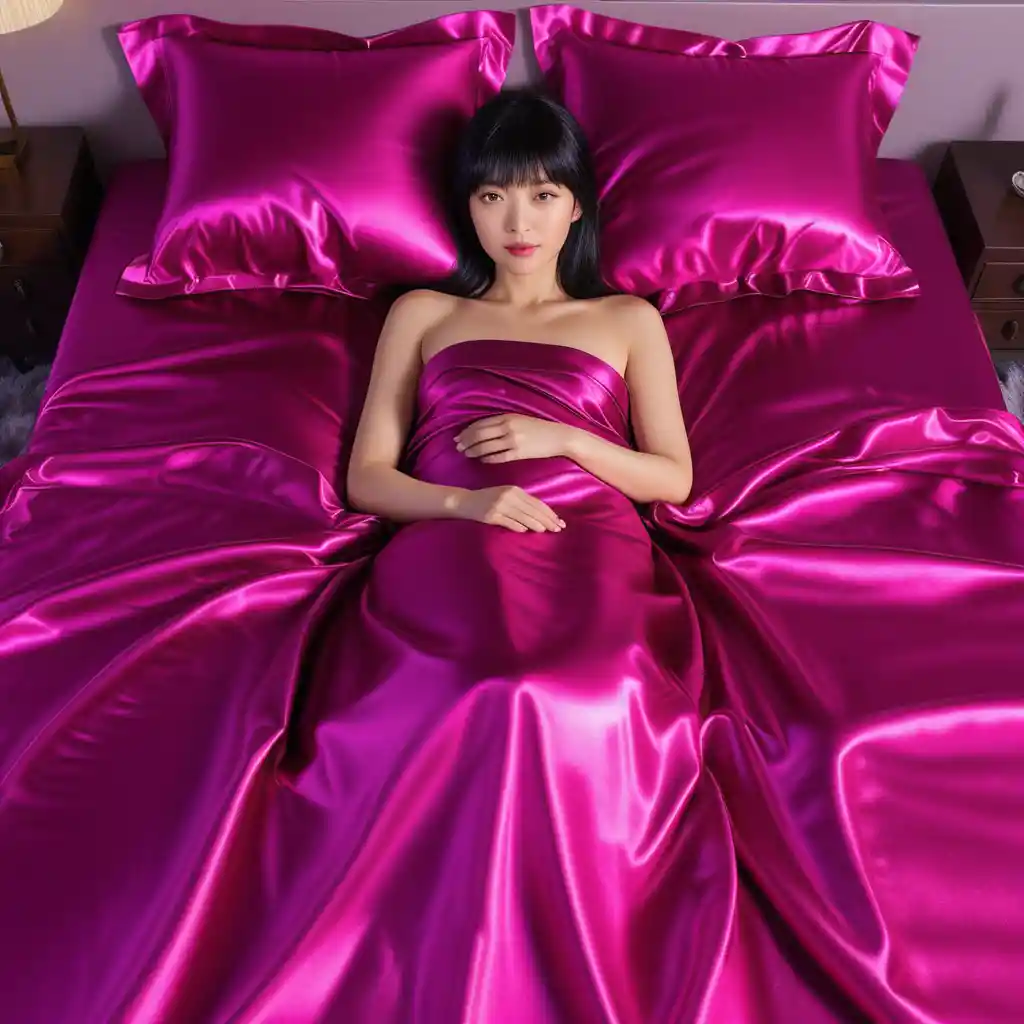 A Japanese woman reclines on glossy magenta satin bedding