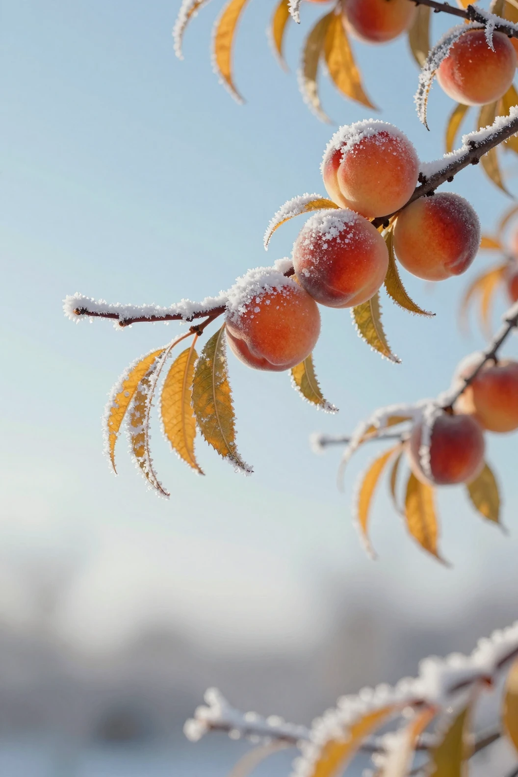 Pesche ricoperte di brina riposano su un ramo in una quieta scena invernale