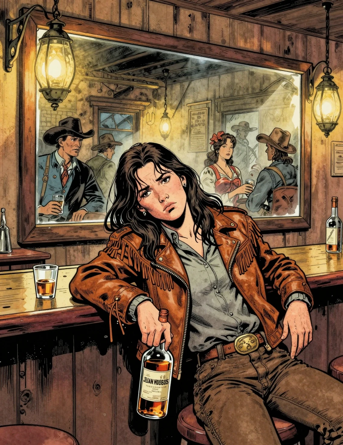 Calamity Jane se recuesta junto a la barra en un salón de los años 1880