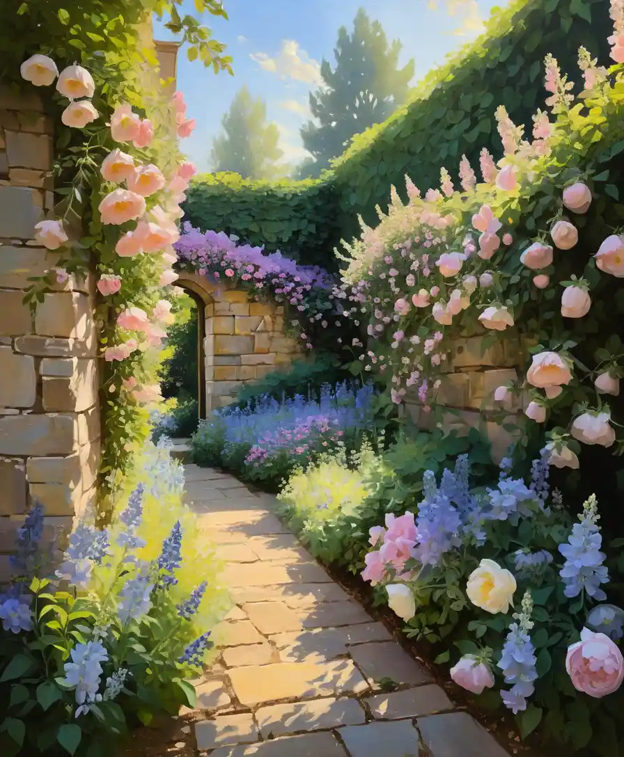 Colorful flowers cascade down a sunlit stone garden wall