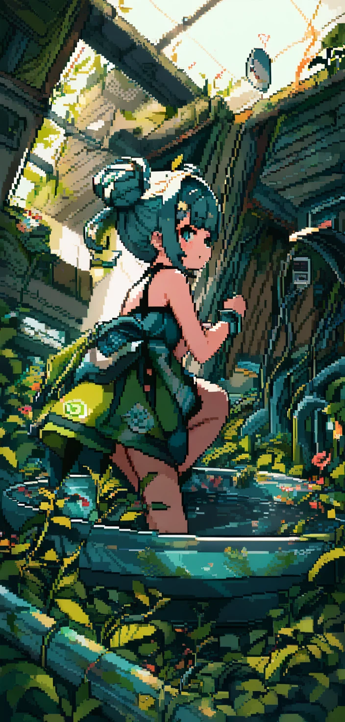Una chica en pixel art en una piscina mecánica cubierta de vegetación