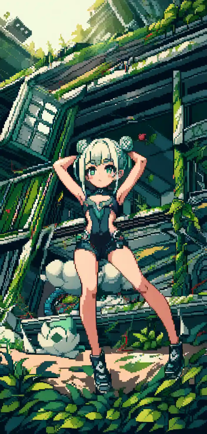 Ragazza in pixel art in una piscina meccanica invasa dalla vegetazione
