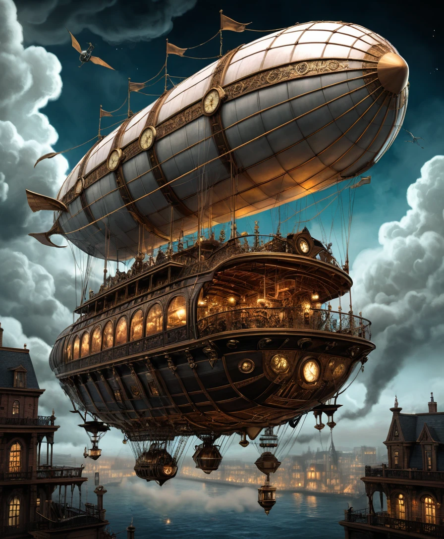 A colossal steampunk airship soars through dark storm clouds at night