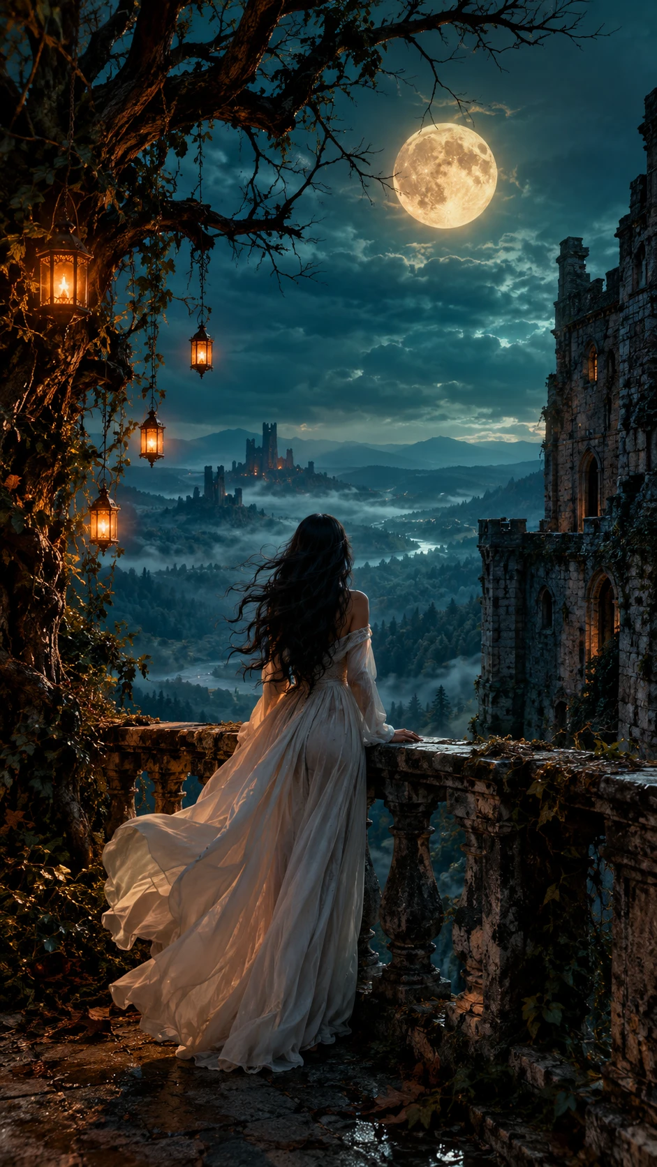 Una mujer bajo una luna dorada en un castillo en ruinas