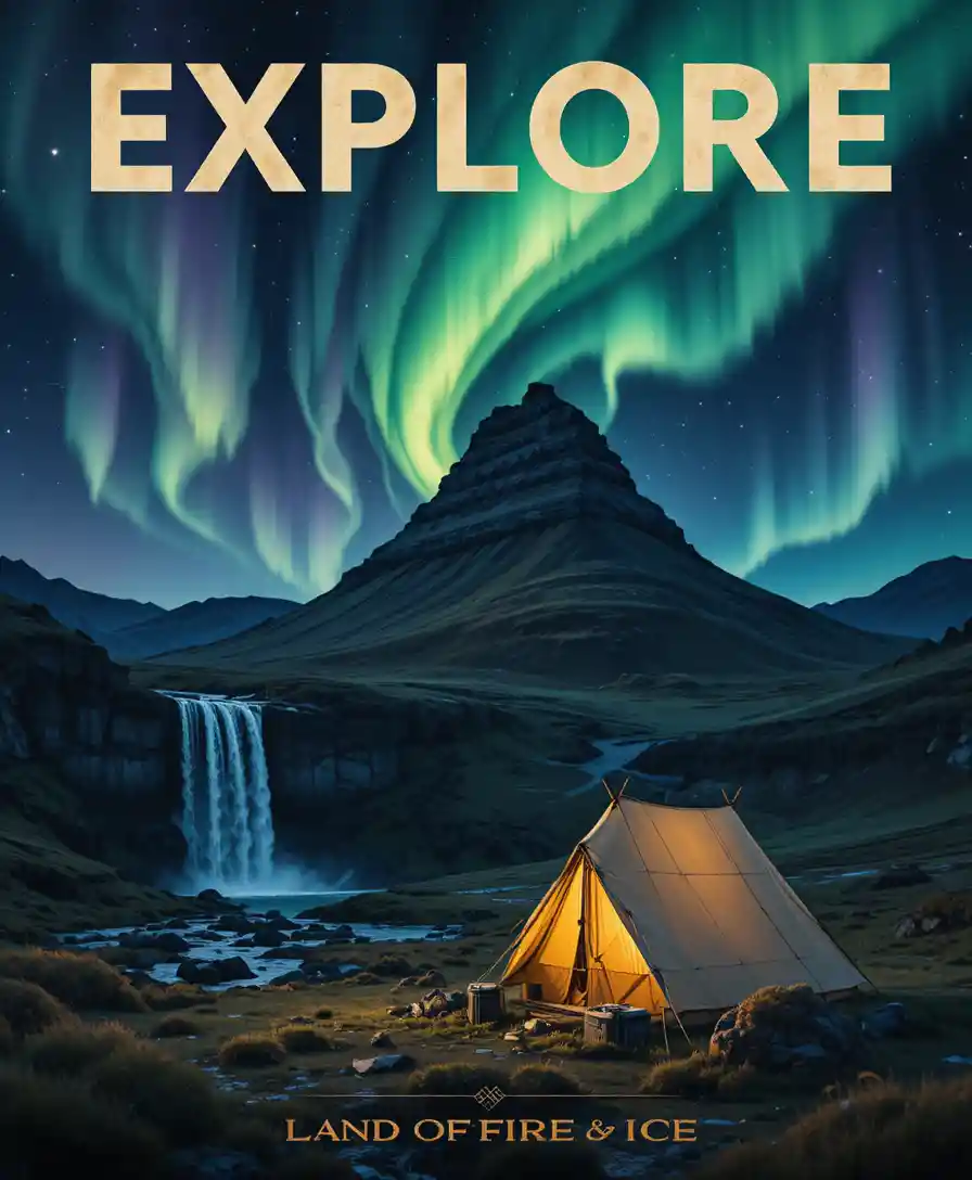 Iceland’s northern lights illuminate Kirkjufell Mountain and roaring waterfalls