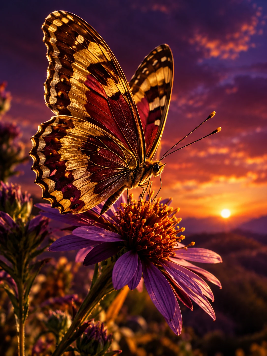 Una mariposa dorada posada en una flor silvestre bajo un cielo resplandeciente