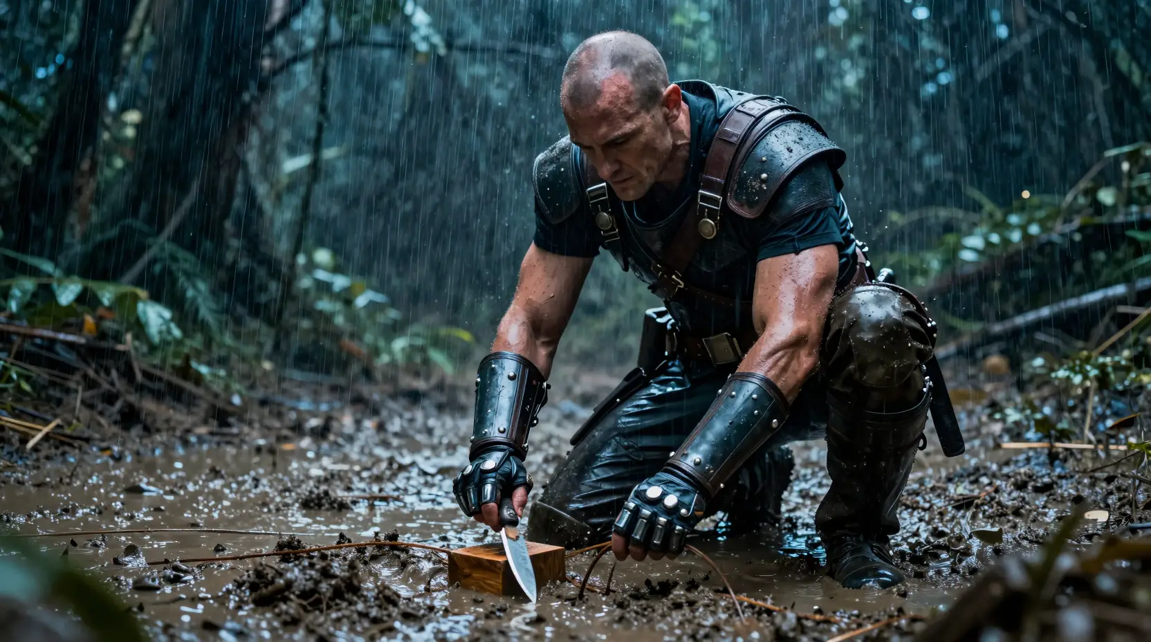 Um guerreiro careca desarma um fio de tropeço enlameado em uma selva encharcada pela chuva
