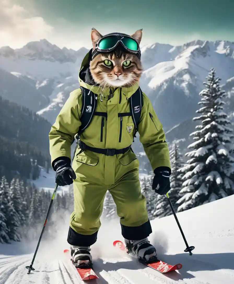 Anthropomorphic cat skis through powder on a snowy mountain slope