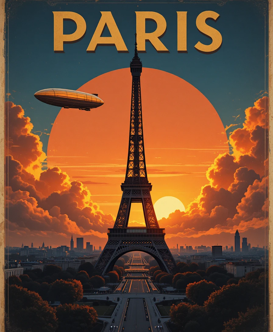 Art-déco-Reiseplakat von Paris mit dem Eiffelturm im Abendrot