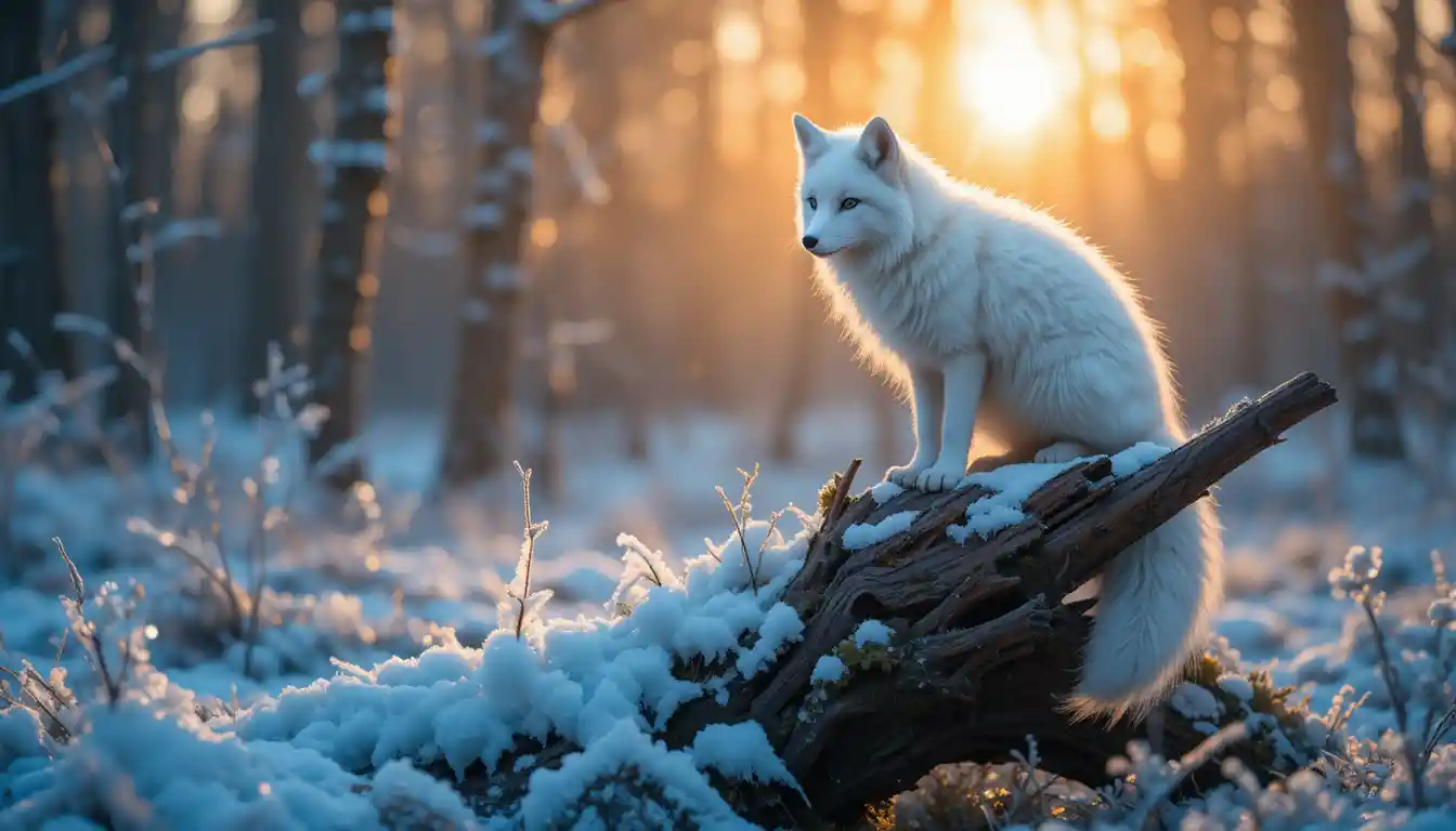A White Fox Perched on a Frosted Root in Winter Woodland