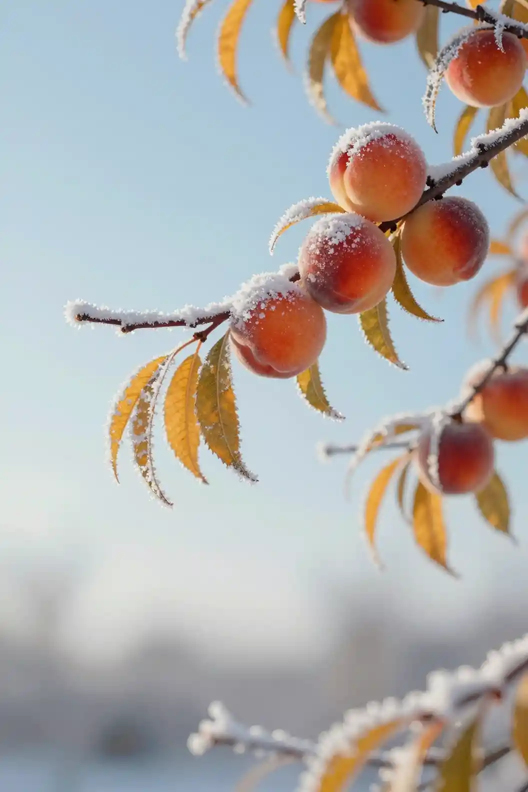 Frosted peaches rest on a branch in a quiet winter scene